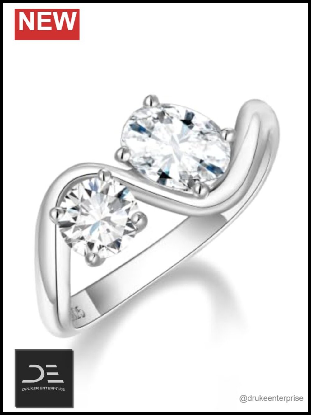 Toi et Moi Moissanite Engagement Ring 925 Sterling Silver Rhodium Plated Wave